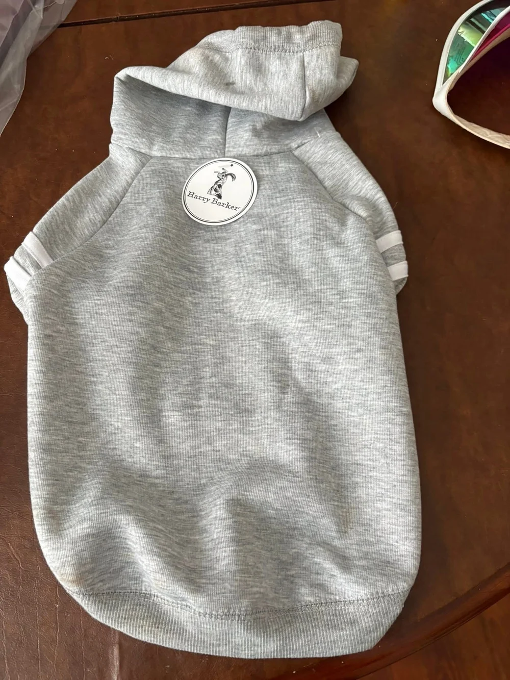Heather Gray Hooded Dog Sweatshirt with White Stripe Sleeves